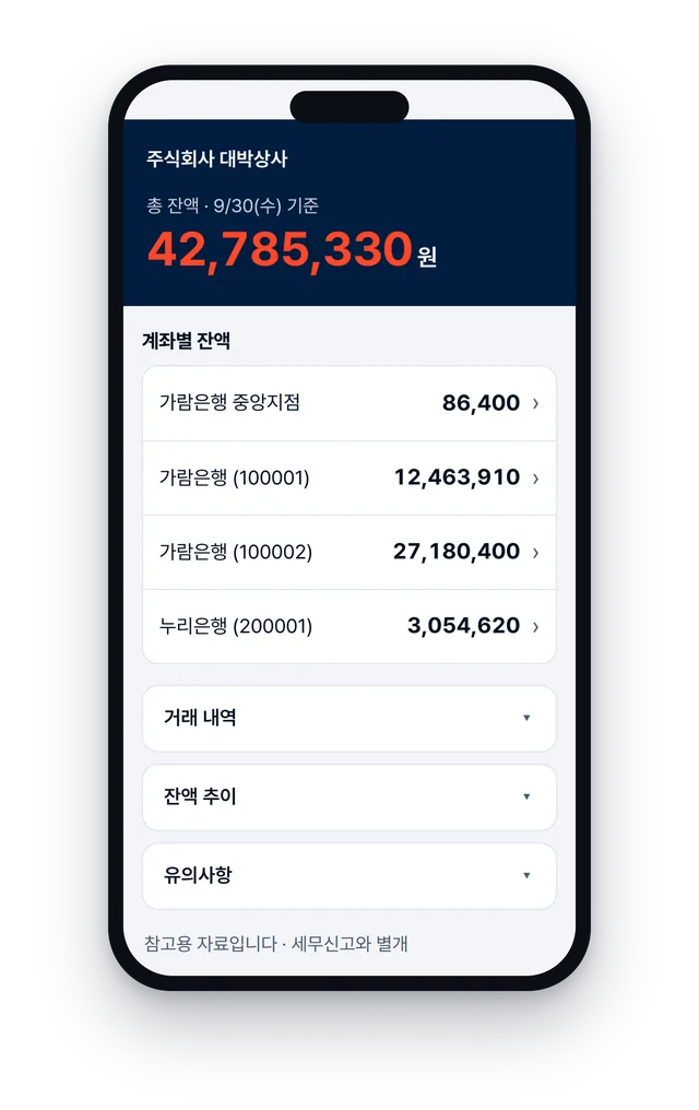 폰으로 보는 통장 시재 화면 예시(가상 회사)