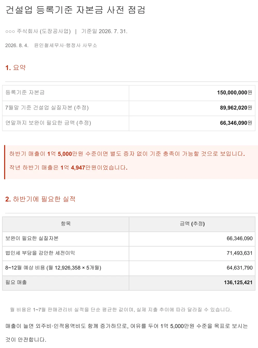 7월말 기준 건설업 등록기준 자본금 사전 점검 보고서 화면
